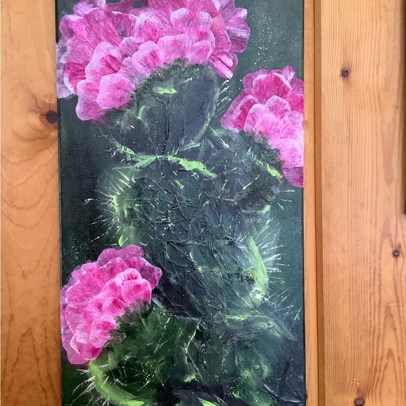 Pink cactus in bloom, acrylic collage painting, 10” x 20” - Picture 4 of 8